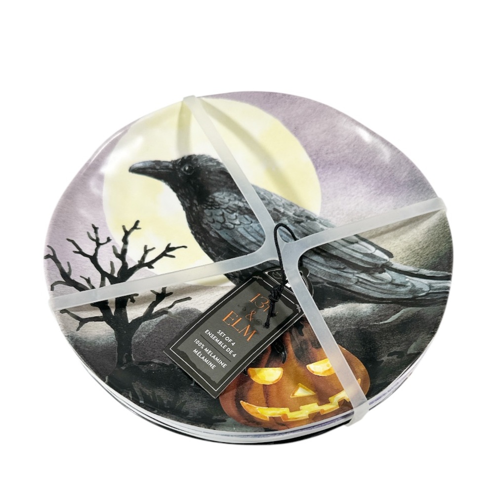 NEW 13th & Elm SPOOKY HALLOWEEN THEMED MELAMINE APPETIZER PLATE Set/4